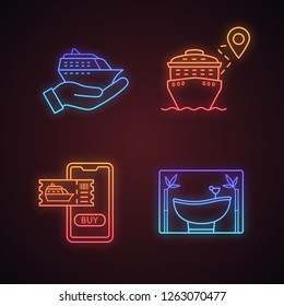 Cruise neon light icons set. Travel agency. Summer voyage. Cruise service, spa salon, trip routes, online tickets buying. Glowing signs. Vector isolated illustrations