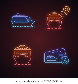 Cruise neon light icons set. Summer voyage. Travel agency. Cheap cruise deal, trip route, ships in front and side views. Glowing signs. Vector isolated illustrations