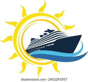 Cruise ocean liner on blue waves and sun. Design for travel and sea holidays