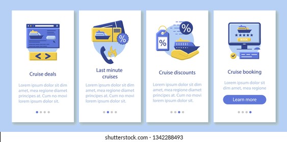 Cruise onboarding mobile app page screen vector template. Deals, last minute cruises, discounts, booking. Flat design website instructions. UX, UI, GUI smartphone interface cartoon concept