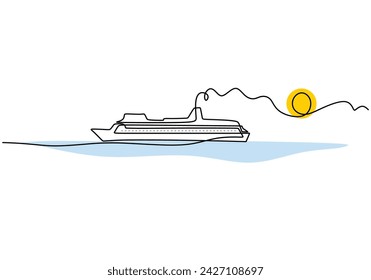 Recorre una línea dibujando. Ilustración vectorial buque de transporte. Barco de pasajeros de viaje. Concepto de vacaciones de vacaciones marinas. Esquema único continuo.