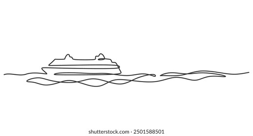 Cruise one line drawing. Vector illustration transportation vessel. Voyage passenger ship. Marine holiday vacation concept. Continuous single outline.