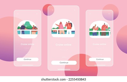 Cruise Online Mobile App Page Onboard Screen Template. Touristen von Männern und Frauen nehmen Bilder von Sehenswürdigkeiten. Das spannende Reisekonzept. Vektorgrafik von Cartoon People