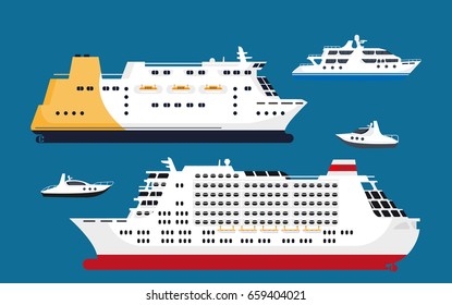 Cruise passenger liners set isolated on blue background