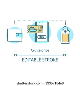 Cruise price concept icon. Online payment idea thin line illustration. Online cruise deal, discounts. Shore excursions, tours booking with smartphone. Vector isolated outline drawing. Editable stroke