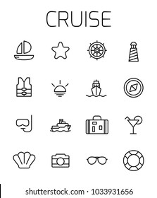 Cruise related vector icon set. Well-crafted sign in thin line style with editable stroke. Vector symbols isolated on a white background. Simple pictograms.