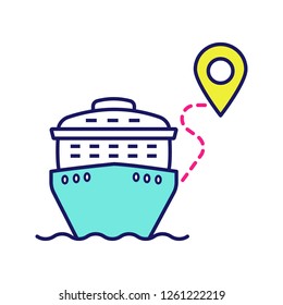 Cruise route color icon. Travel destinations. Cruise liner with map pinpoint. Journey, trip route planner. Travel itinerary. Isolated vector illustration