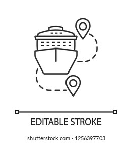 Icono de rutas de crucero lineal. Destinos de viaje. Ilustración de línea delgada. Trazador de crucero con puntos de referencia. Viaje, planificador de rutas de viaje. Símbolo de contorno. Dibujo de contorno aislado del vector. Trazo editable