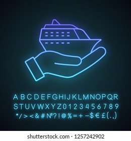 Cruise service neon light icon. Hand holding cruise ship. Shore excursion, tours and travel agency. Voyage, trip planning. Glowing sign with alphabet, numbers and symbols. Vector isolated illustration