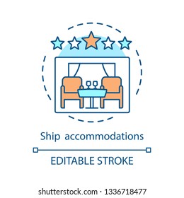 Cruise ship accommodations concept icon. Cruise amenity idea thin line illustration. Travel agency offer. Cruiseship cabin rating. Five-star apartment. Vector isolated outline drawing. Editable stroke