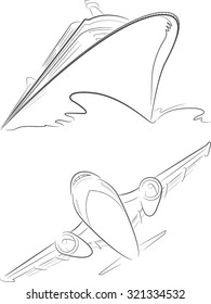Cruise Ship & Airplane Vector Outline