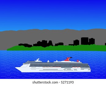 cruise ship with Anchorage Alaska skyline illustration