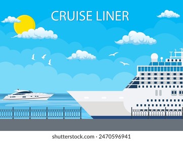 Cruise ship anchored at sea port, Ocean traveling. Vector illustration in flat style