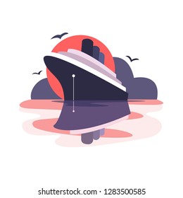 The cruise ship anchored at sunset. Seagulls fly in the sky. The ship is reflected in the water. Vector flat illustration in pink and purple.