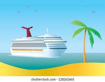 A cruise ship arriving at a tropical island destination.