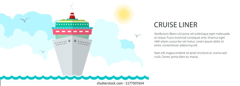 Cruise Ship Banner , Liner at Sea and Text, Marine Travel Concept , Vector Illustration