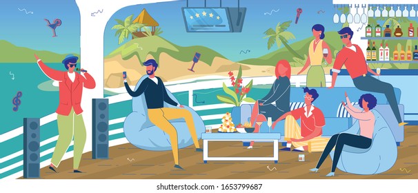 Área de la barra de cruceros con personajes de caricaturas de la gente descansando sobre cubierta. Compañía escuchando Karaoke o Showman invitado, bebiendo bebidas alcohólicas y descansando. Ilustración de vectores planos.