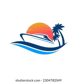 Kreuzfahrtschiffstrand mit Kokospalmenlogo, exotische Sonnenuntergangsszene, Silhouette, Vektorgrafik