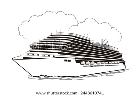 Cruise Ship black outline vector illustration isolated on white background, eps