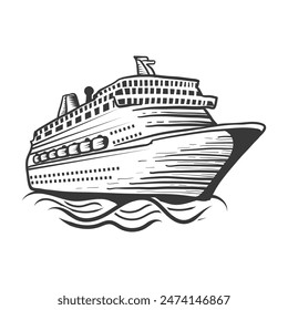 
Cruise ship black and white hand drawing.