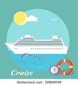 Cruise ship in blue water with dolphins. Water tourism. Icons of traveling, planning summer vacation, tourism. For web banners, marketing and promotional materials, presentation templates 