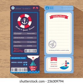 Cruise Ship Boarding Pass Ticket Wedding Invitation design Template Vector