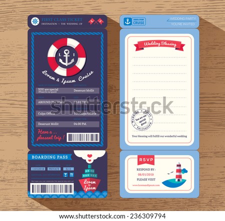 Cruise Ship Boarding Pass Ticket Wedding Invitation design Template Vector