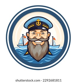 Capitán de un crucero. Transporte de carga de automóviles, contenedores y otros bienes. El hombre con barba. Ilustración vectorial de dibujos animados. etiqueta, pegatina, impresión de camisetas