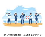 Cruise Ship Captain Cartoon Illustration in Sailor Uniform Riding a Ships, Looking with Binoculars or Standing on the Harbor in Flat Design