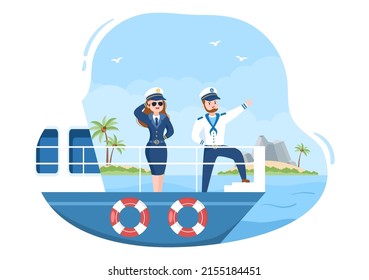 Cruise Ship Captain Cartoon Illustration in Sailor Uniform Riding a Ships, Looking with Binoculars or Standing on the Harbor in Flat Design