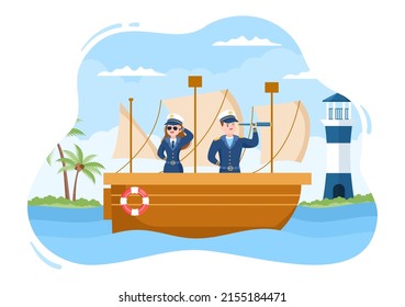 Ilustración de caricatura del capitán de un barco de crucero en uniforme marinero en barco, mirando con binoculares o parado en el puerto de diseño plano