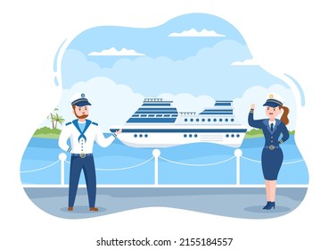 Cruise Ship Captain Cartoon Illustration in Sailor Uniform Riding a Ships, Looking with Binoculars or Standing on the Harbor in Flat Design - Shutterstock ID 2155184557