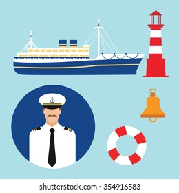 Cruise Ship Captain Vector Boat Sailor Icon Set Nautical Lighthouse  Marine Sea 