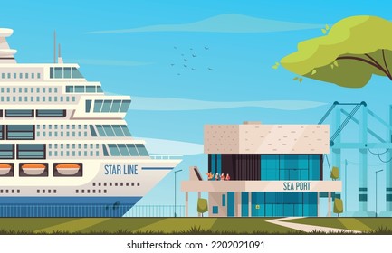 Cruise ship cartoon with travel vessel arriving at sea port vector illustration