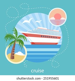 Cruise ship in clear blue water near island with palm tree. Water tourism. Icons of traveling, planning a summer vacation, tourism and journey objects