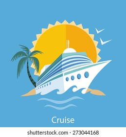 Cruise ship in clear blue water with palm tree. Water tourism. Icons of traveling, planning summer vacation, tourism. For web banners, marketing and promotional materials, presentation templates 