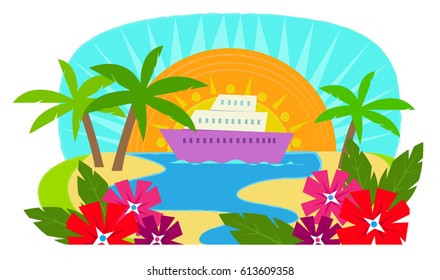 Cruise Ship - Clip art of a cruise ship on a view of a tropical island. Eps10