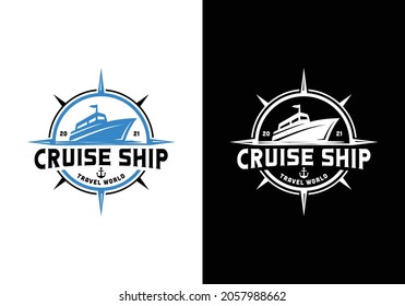 Cruise ship with compass. Marine journey navigation logo design template