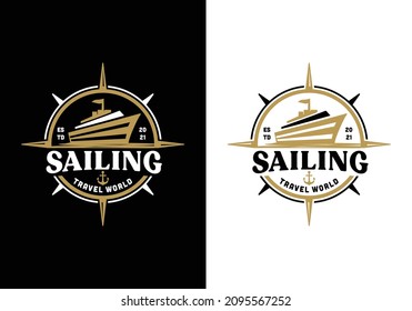 Cruise ship with compass. Marine journey navigation emblem badge logo design template