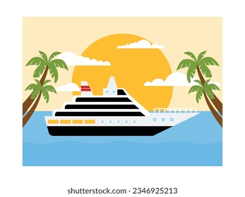 Cruise ship crosses the coast, taking tourists on vacation to see the sights, summertime vector illustration.