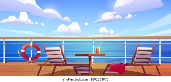 Cruise ship deck with sun loungers, wooden table with cocktail and lifebuoy hang on fencing. Empty modern luxury sailboat in sea or ocean. Passenger vessel, liner cruising, Cartoon vector illustration