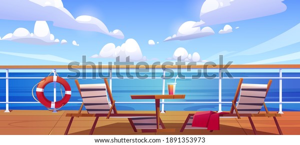 Cruise ship deck with sun loungers, wooden\
table with cocktail and lifebuoy hang on fencing. Empty modern\
luxury sailboat in sea or ocean. Passenger vessel, liner cruising,\
Cartoon vector\
illustration