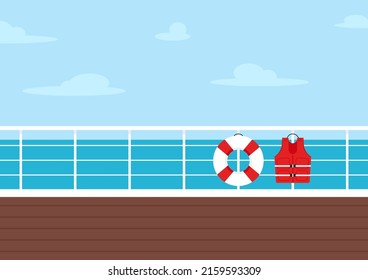 Cruise ship deck view. Clipart illustration. Lifebuoy and life Jacket cartoon vector. Vector flat style colored illustration of Lifebuoy and Life jacket on blue background.