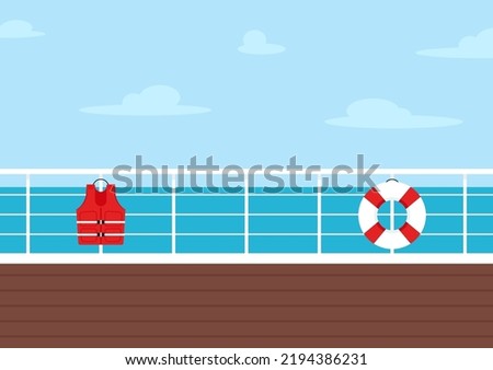 Cruise ship deck view. Clipart illustration. Lifebuoy and life Jacket cartoon vector. Vector flat style colored illustration of Lifebuoy and Life jacket on blue background.