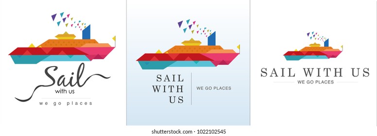 Cruise ship design in vector style. Colorful and modern design with title