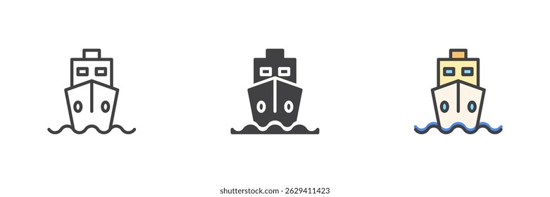 Cruzeiro navio diferente estilo ícone conjunto. Linha, glifo e preenchido esboço versão colorida, contorno e sinal de vetor preenchido. Símbolo do navio grande, ilustração do logotipo. Gráficos vetoriais