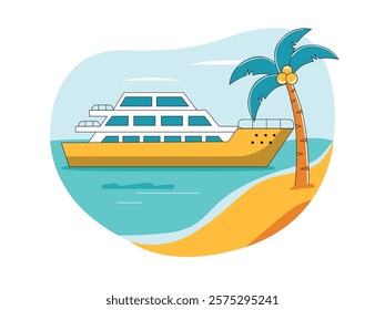 Cruise ship is docked at the pier, with beautiful sea view. Character design. Vector flat illustration