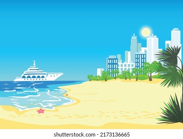 The Cruise Ship Enters The Port Of The Resort Town. Summer Holidays And Travel. Tropical City Beach. Vector Flat Style Illustration.