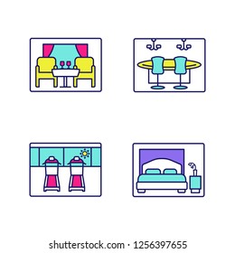 Cruise ship facilities color icons set. Restaurant, casino, gym, bedroom. Isolated vector illustrations