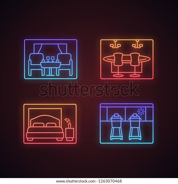 Cruise Ship Facilities Neon Light Icons Stock Vector